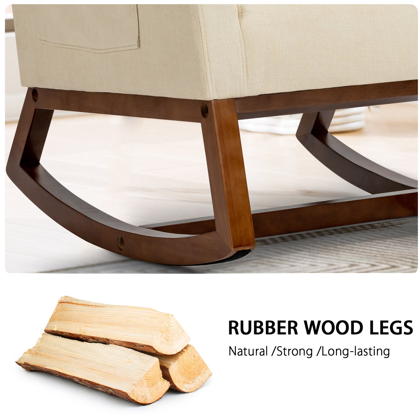 Modern Rocking Chair with Rubber Wood Base for Living Room-Beige