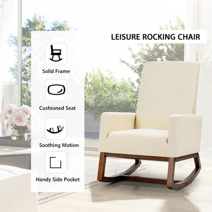 Modern Rocking Chair with Rubber Wood Base for Living Room-Beige