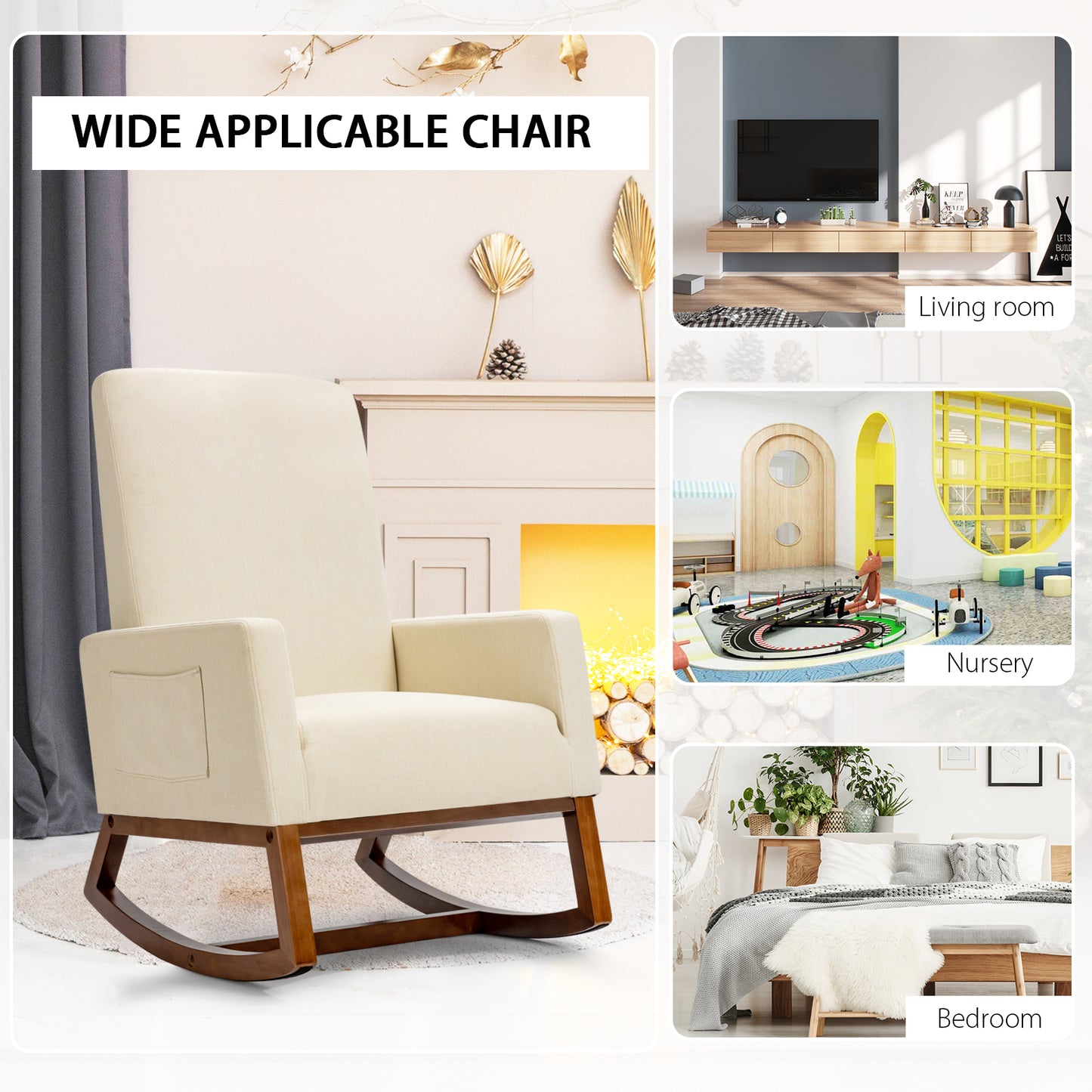 Modern Rocking Chair with Rubber Wood Base for Living Room-Beige