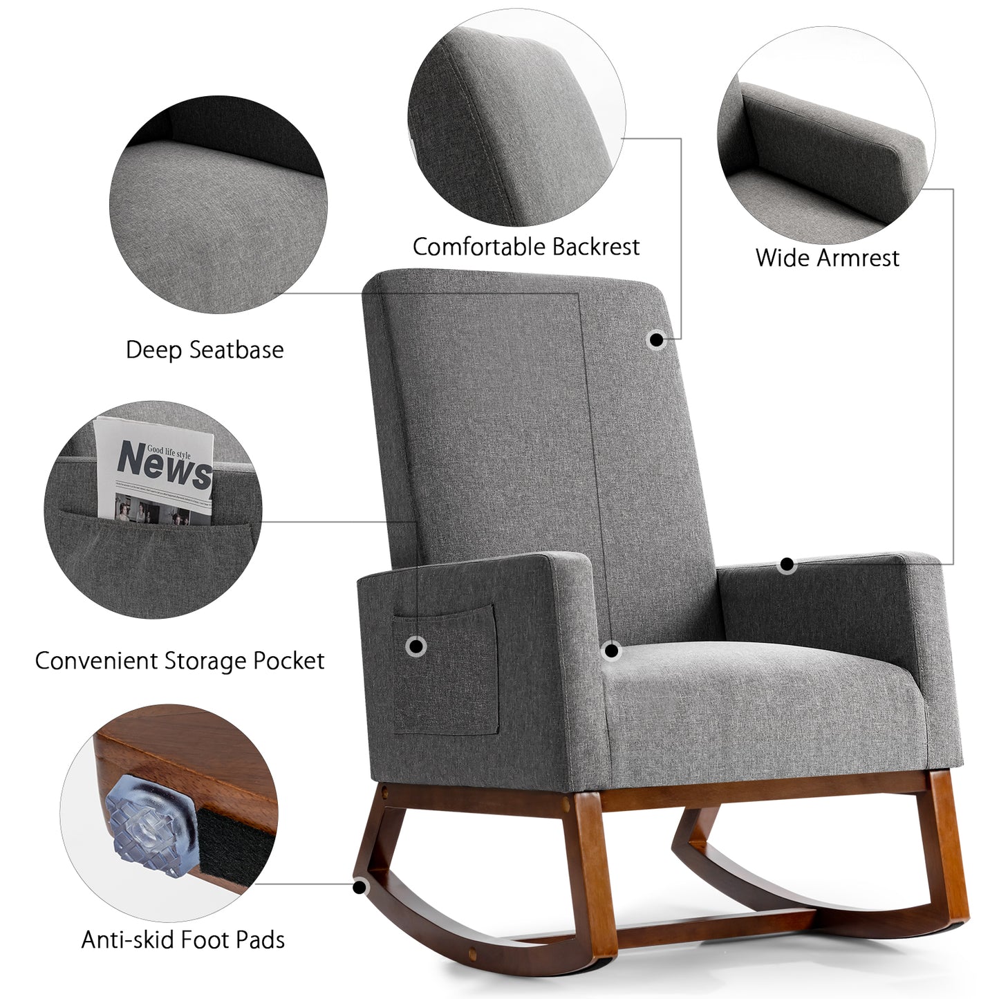 Modern Rocking Chair with Rubber Wood Base for Living Room-Grey