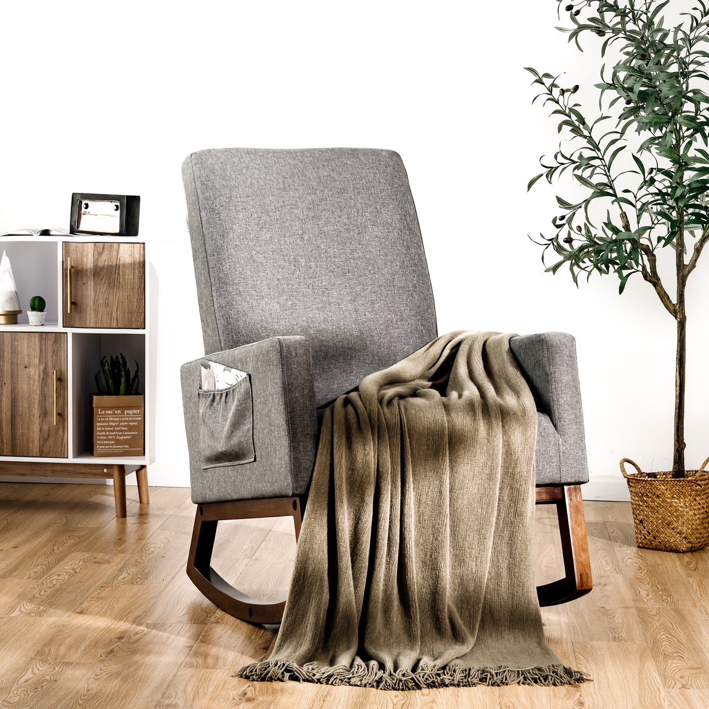 Modern Rocking Chair with Rubber Wood Base for Living Room-Grey