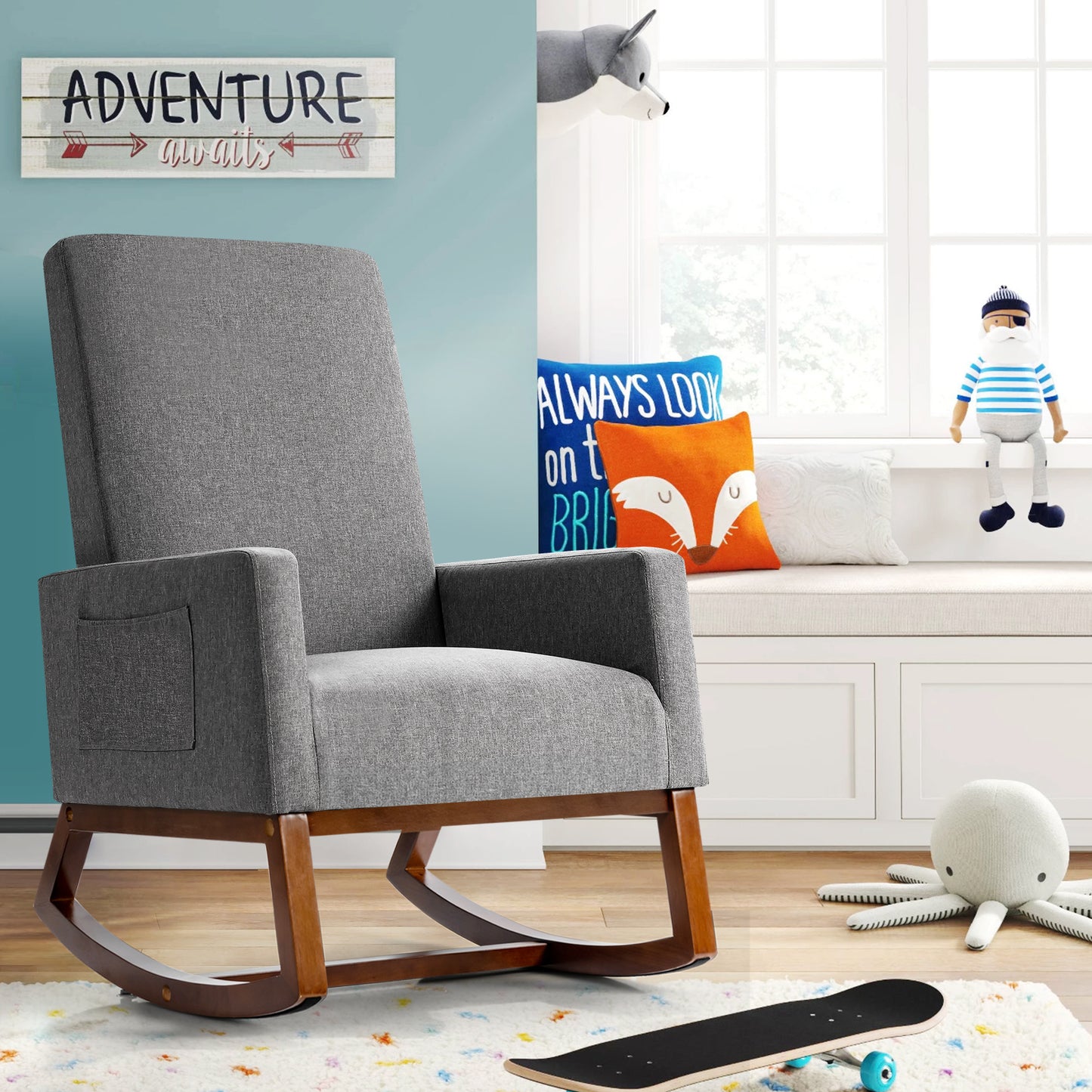 Modern Rocking Chair with Rubber Wood Base for Living Room-Grey