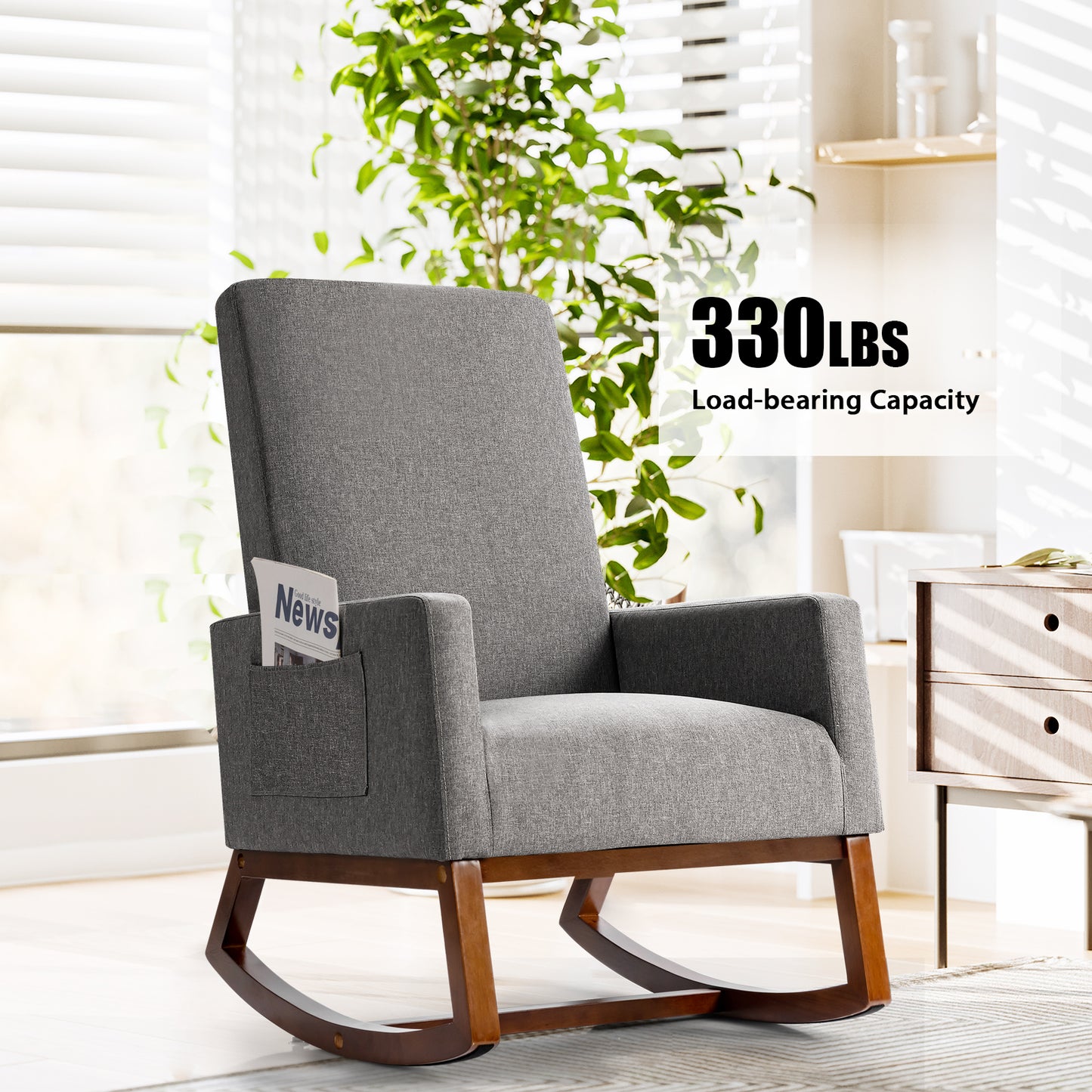 Modern Rocking Chair with Rubber Wood Base for Living Room-Grey
