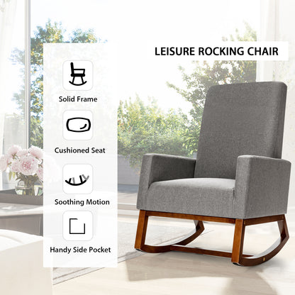 Modern Rocking Chair with Rubber Wood Base for Living Room-Grey