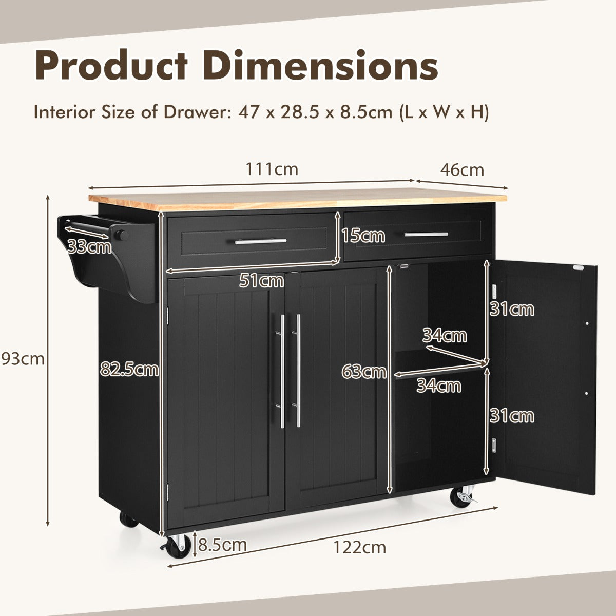Rolling Storage Trolley with 2 Deep Drawers for Kitchen-Black