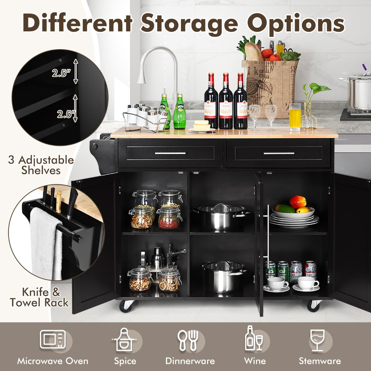 Rolling Storage Trolley with 2 Deep Drawers for Kitchen-Black