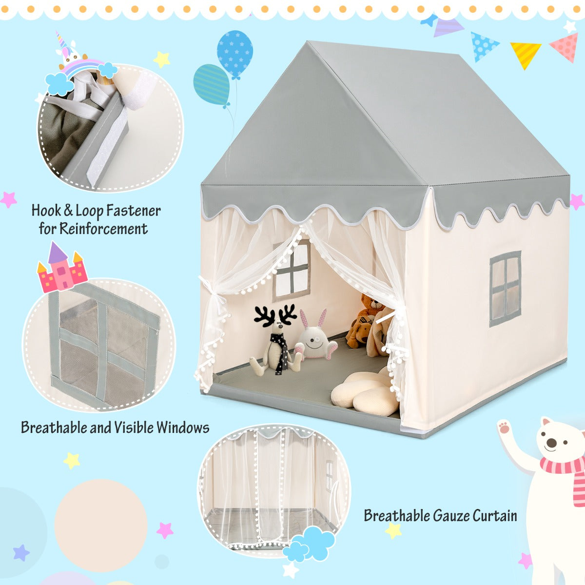 Kids Playhouse With Washable Soft Mat and Mesh Window-Beige