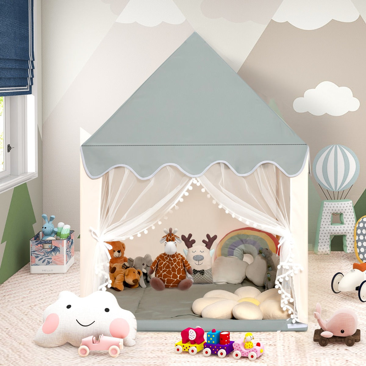 Kids Playhouse With Washable Soft Mat and Mesh Window-Beige