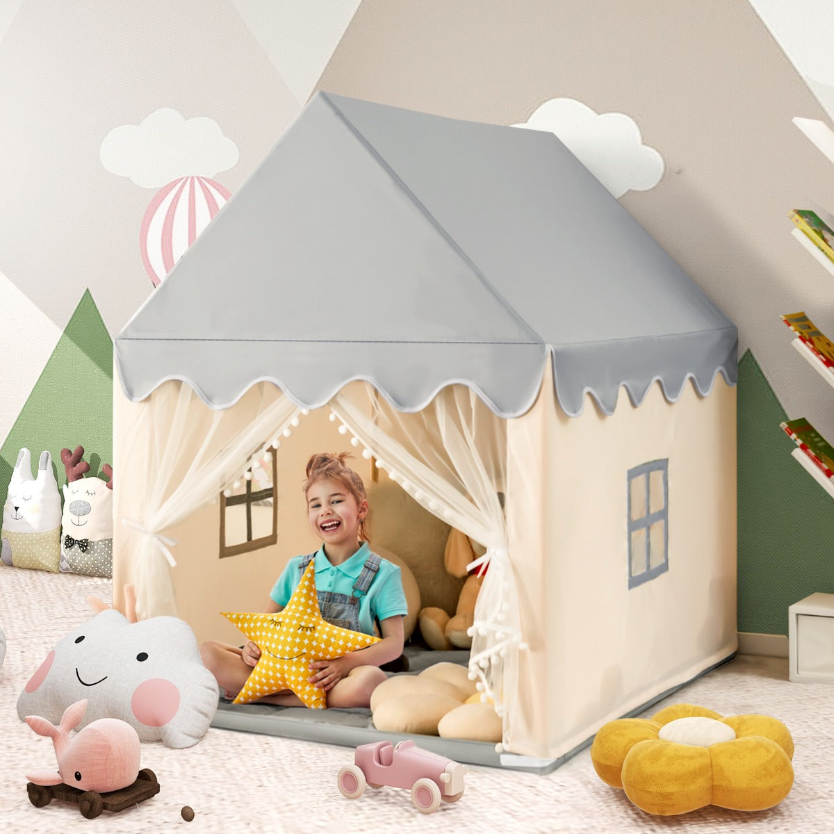 Kids Playhouse With Washable Soft Mat and Mesh Window-Beige