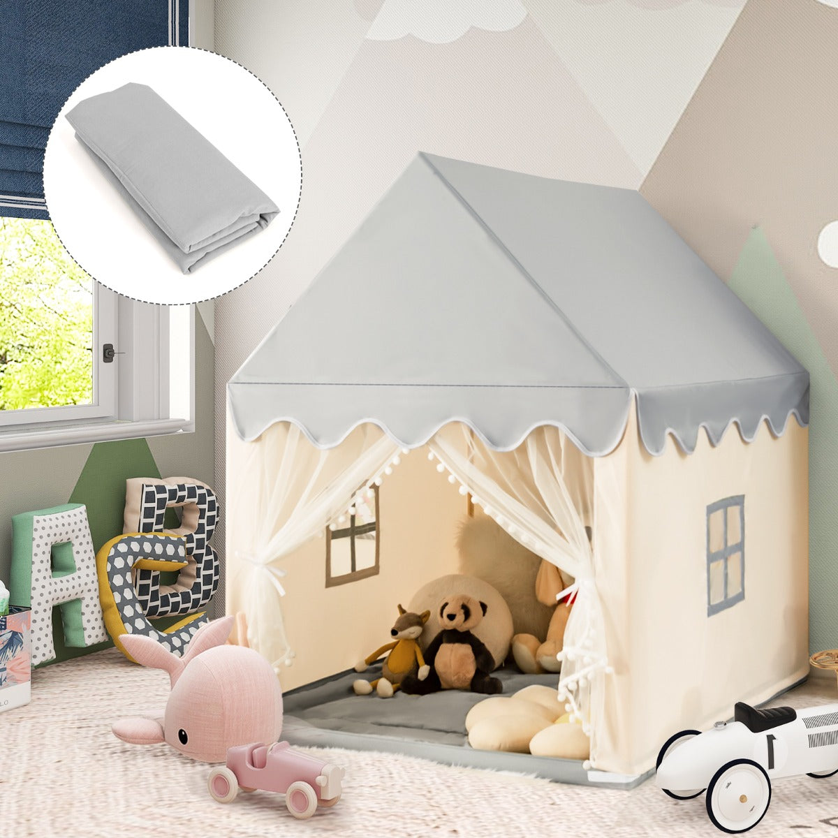 Kids Playhouse With Washable Soft Mat and Mesh Window-Beige