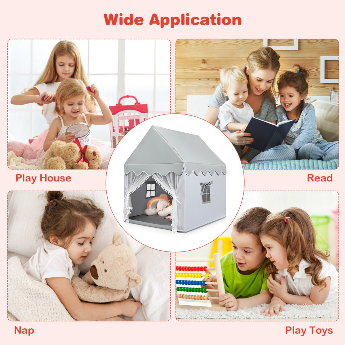 Kids Playhouse With Washable Soft Mat and Mesh Window-Gray