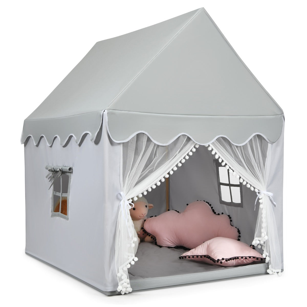 Kids Playhouse With Washable Soft Mat and Mesh Window-Gray