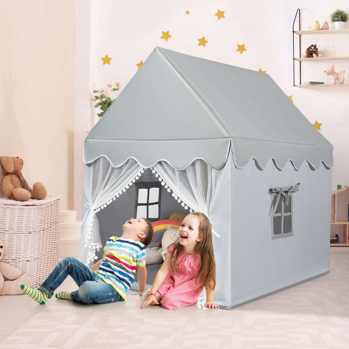Kids Playhouse With Washable Soft Mat and Mesh Window-Gray