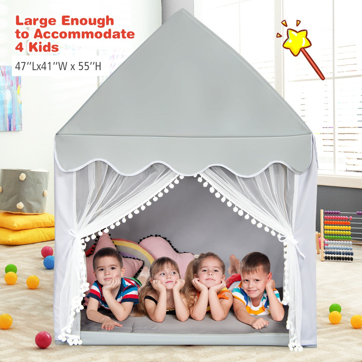 Kids Playhouse With Washable Soft Mat and Mesh Window-Gray