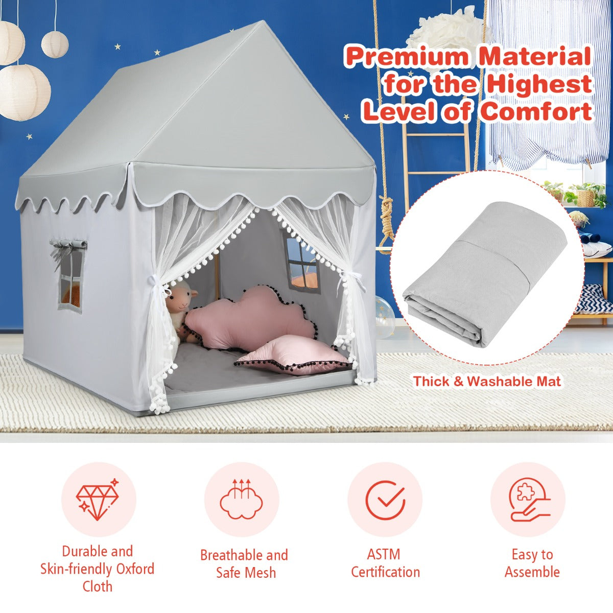 Kids Playhouse With Washable Soft Mat and Mesh Window-Gray