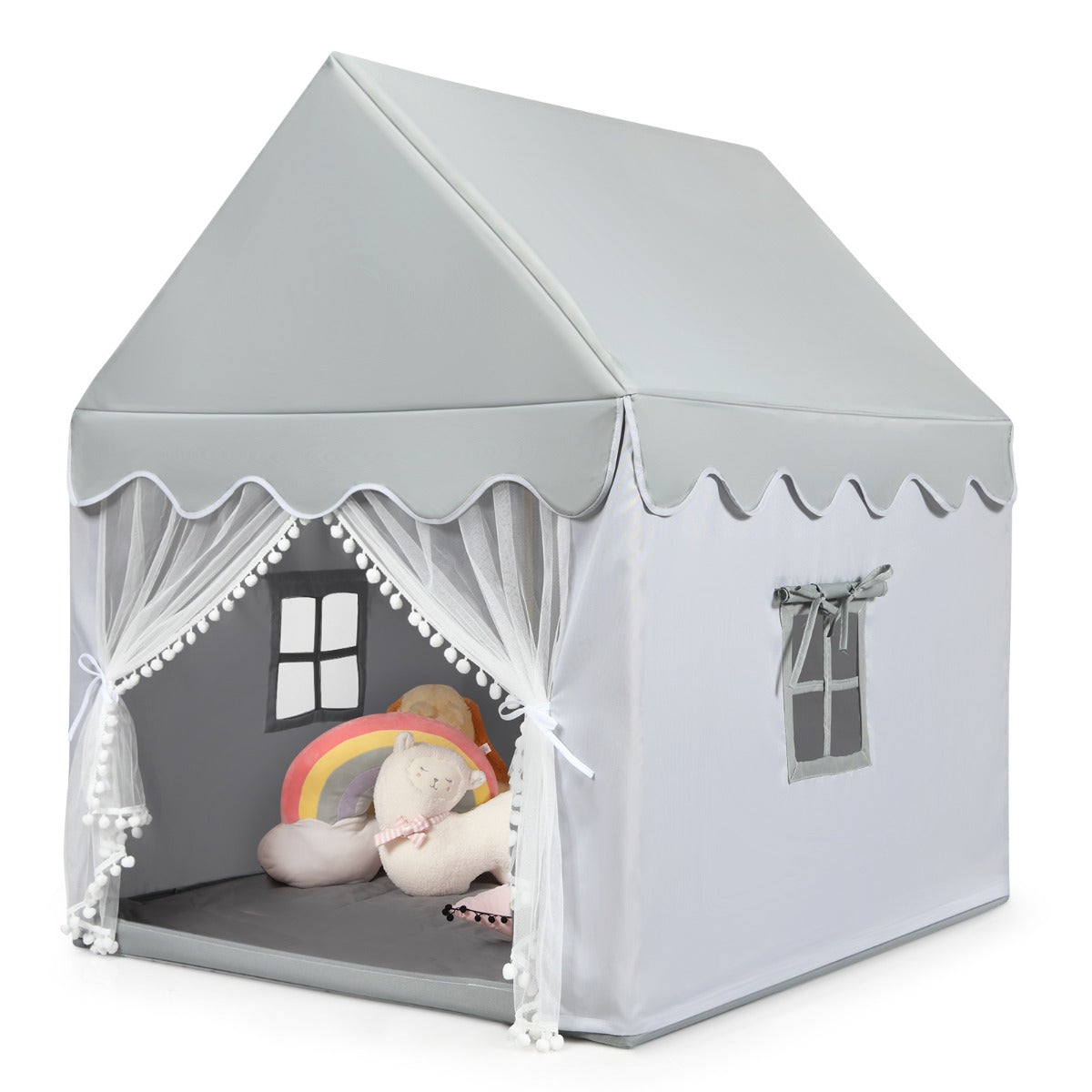 Kids Playhouse With Washable Soft Mat and Mesh Window-Gray