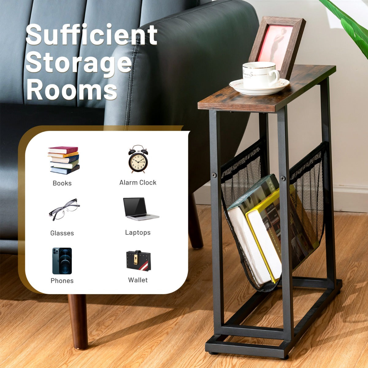 2-Tier Industrial End Table with Mesh Magazine Holder Sling for Living Room/Bedroom/Office