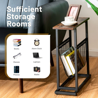 2-Tier Industrial End Table with Mesh Magazine Holder Sling for Living Room/Bedroom/Office