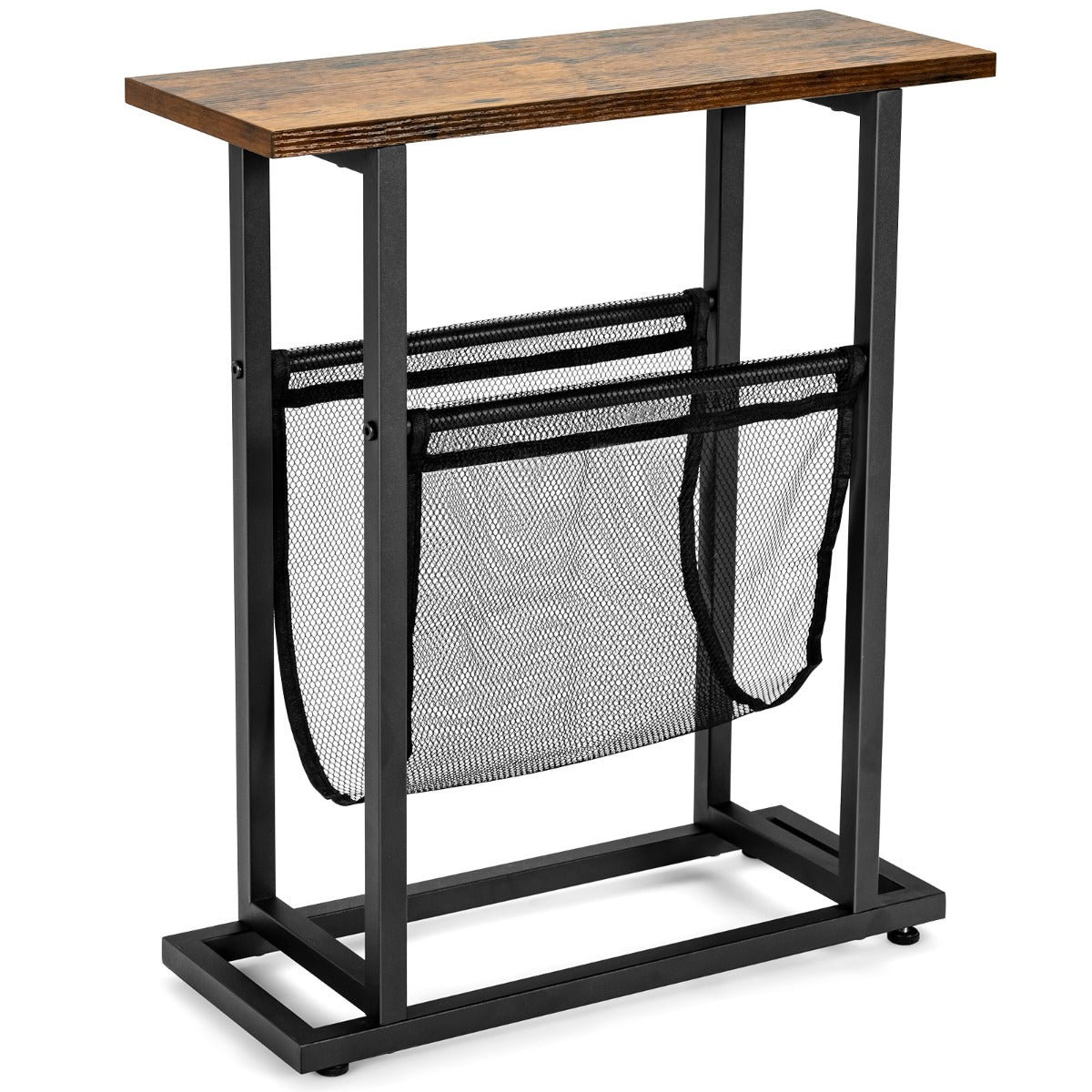 2-Tier Industrial End Table with Mesh Magazine Holder Sling for Living Room/Bedroom/Office