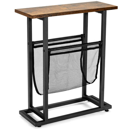 2-Tier Industrial End Table with Mesh Magazine Holder Sling for Living Room/Bedroom/Office