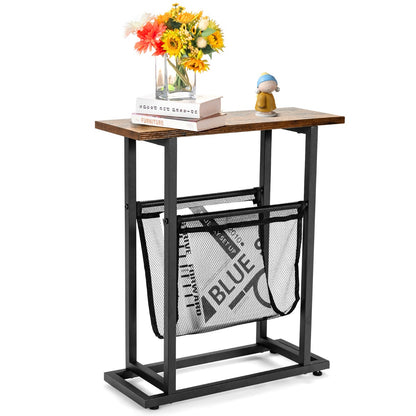 2-Tier Industrial End Table with Mesh Magazine Holder Sling for Living Room/Bedroom/Office