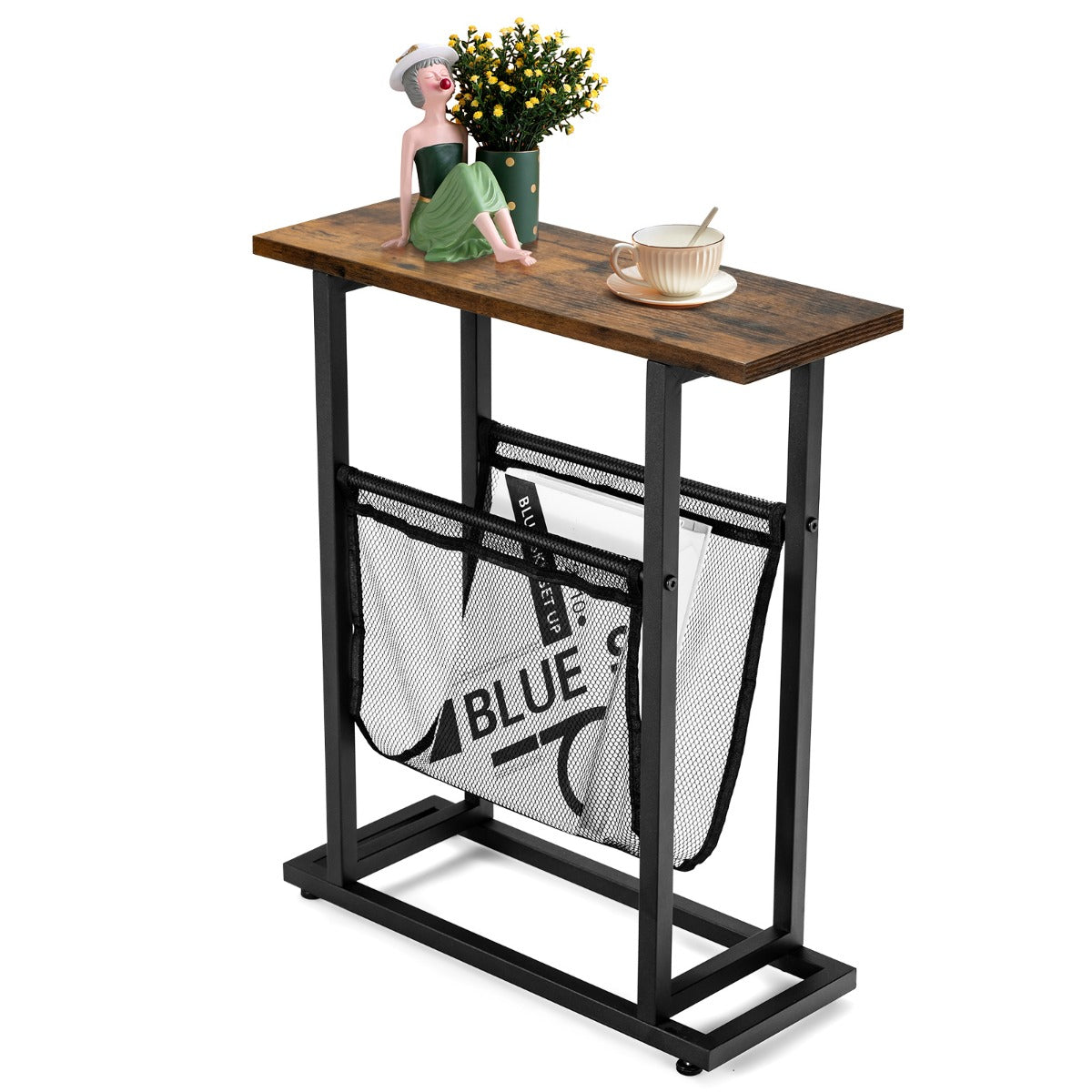 2-Tier Industrial End Table with Mesh Magazine Holder Sling for Living Room/Bedroom/Office