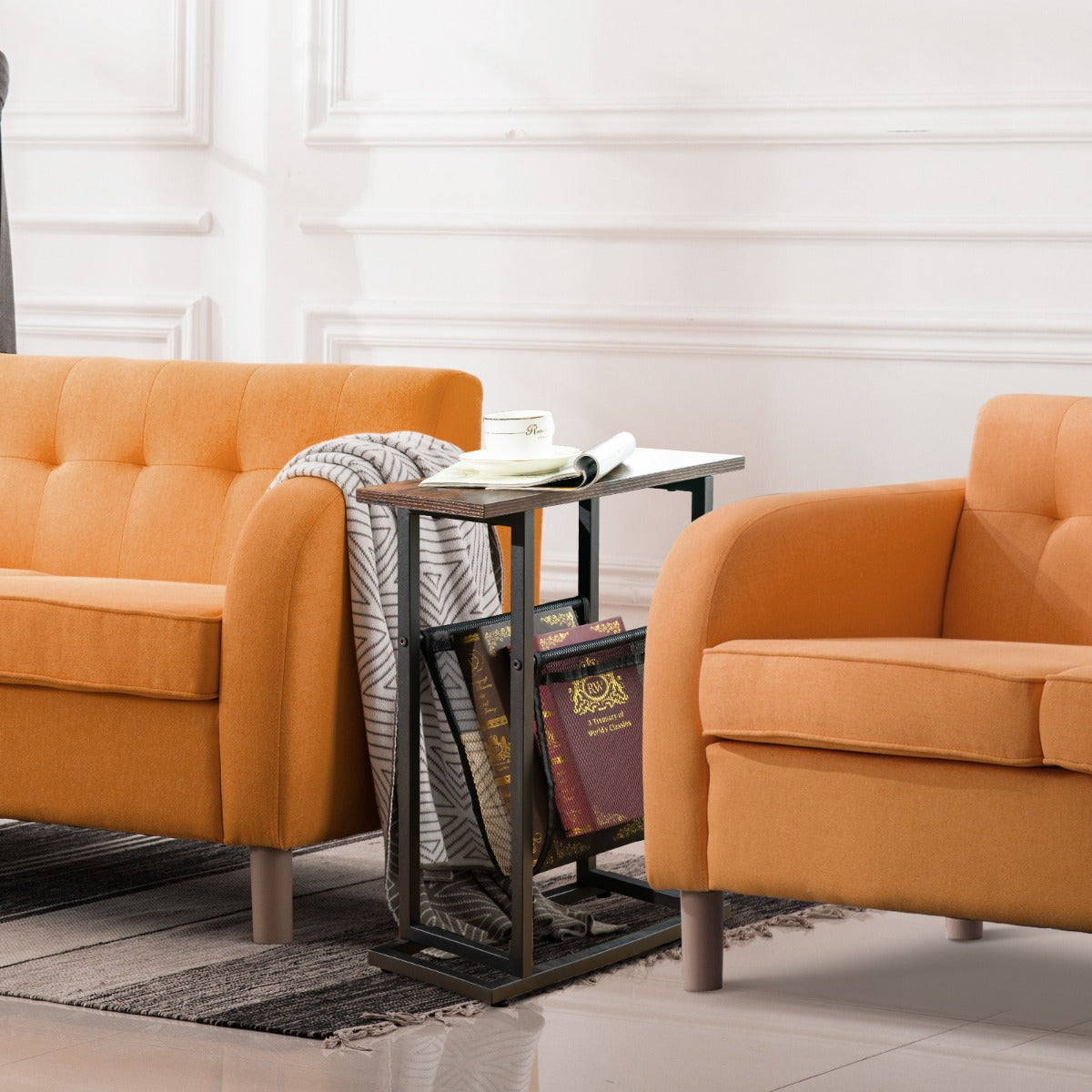 2-Tier Industrial End Table with Mesh Magazine Holder Sling for Living Room/Bedroom/Office