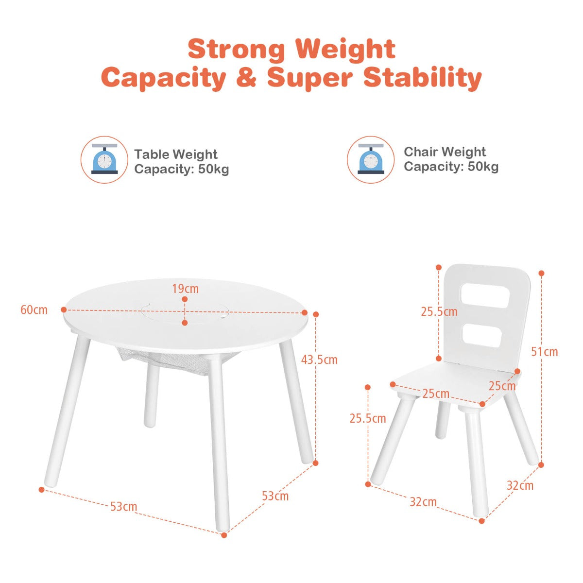 Pink and white three-piece kids activity table set with round table, two chairs, central storage bag, and rounded edges