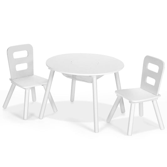 Children’s table and chair set includes one round activity table and two chairs for a dedicated play corner
