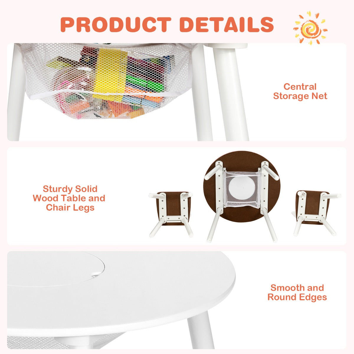 Sturdy MDF table and solid wood legs provide stable, non-toxic support for kids ages three through seven