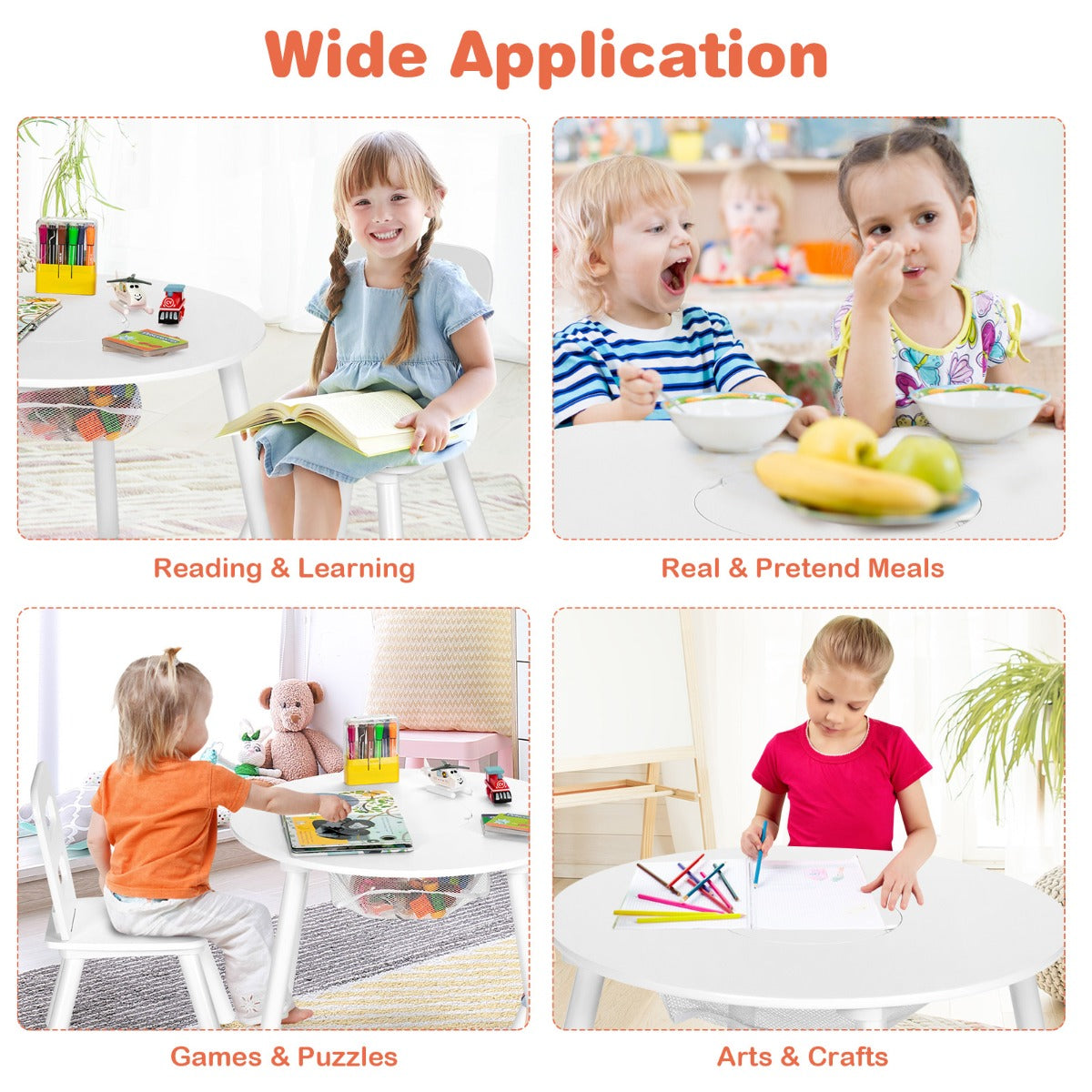 Compact kids table set suits bedrooms, living rooms, playrooms, nurseries, kindergartens, and children’s spaces