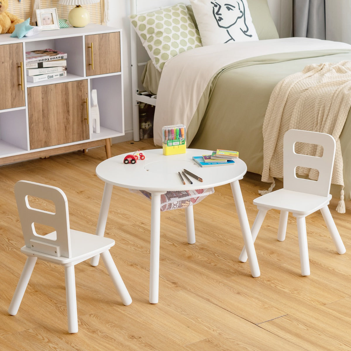 Lightweight chairs with convenient handles let children move their seats independently around the room
