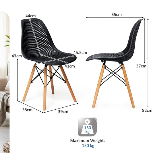 Black DSW dining chairs with breathable curved mesh seats and solid beech wood legs