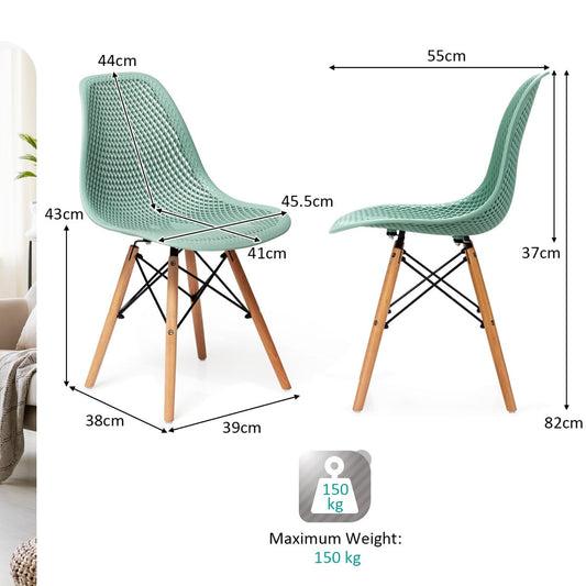 Black DSW dining chairs with curved mesh seats, beech wood legs, and elegant Eiffel-inspired frames
