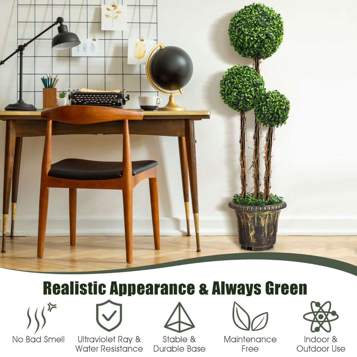 120cm Three-Ball Artificial Topiary Tree with Decorative Pot for Indoor/Outdoor Use