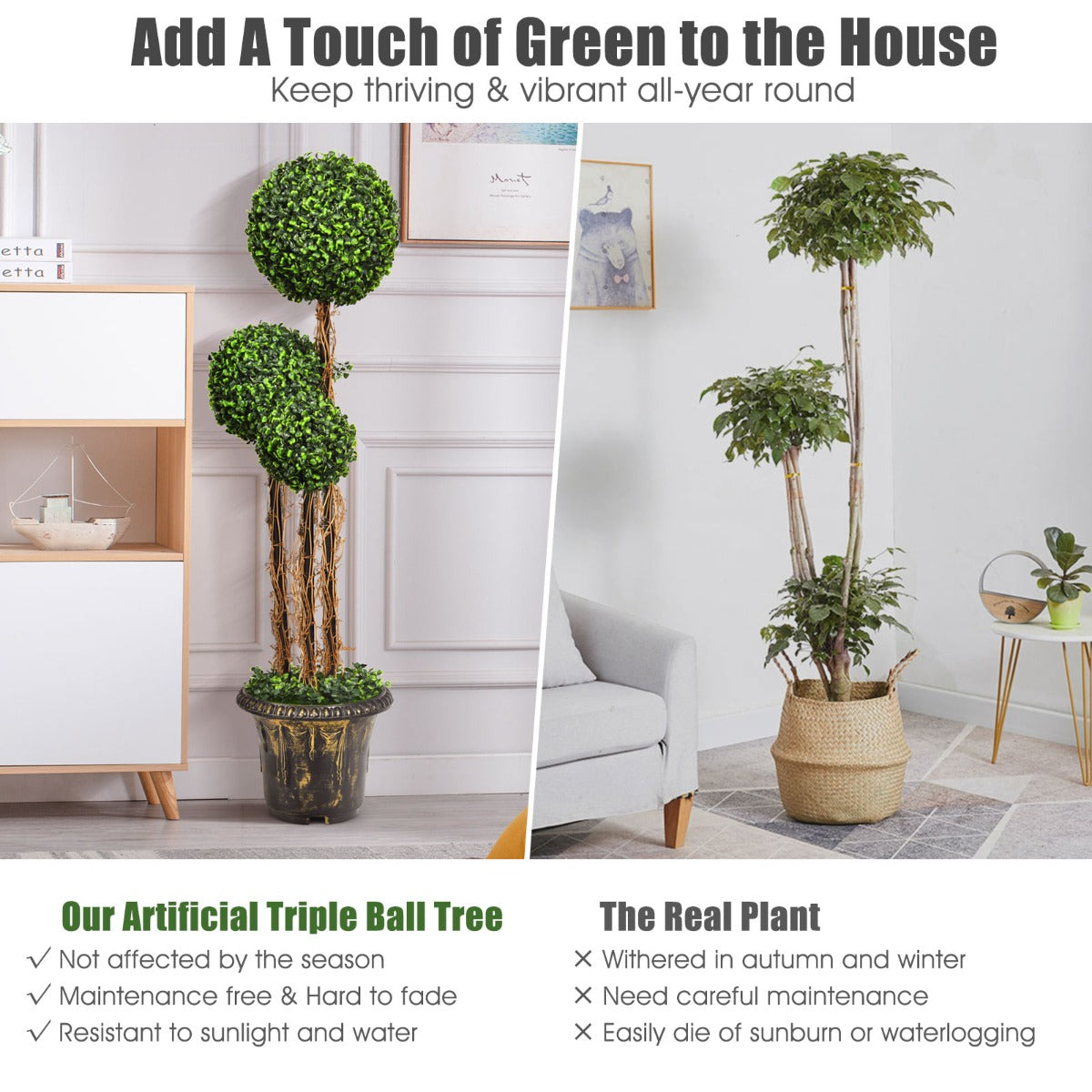 120cm Three-Ball Artificial Topiary Tree with Decorative Pot for Indoor/Outdoor Use