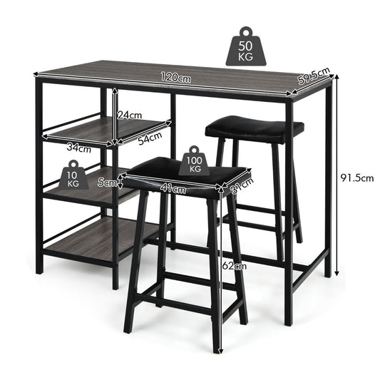 Modern gray and black three-piece counter-height dining set with table, two upholstered stools, and three storage shelves
