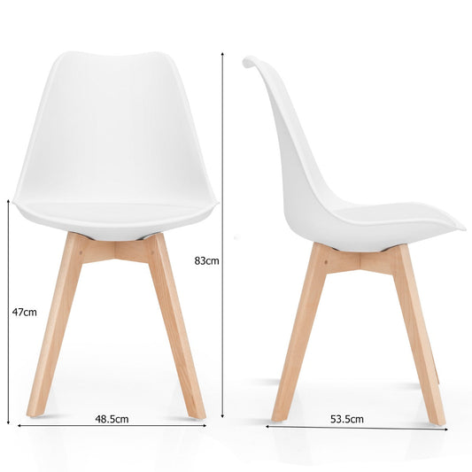 Set of four modern dining chairs with curved backrests, soft cushions, and elegant lines