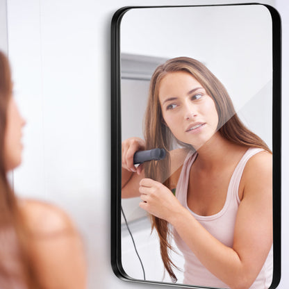 Rectangular Wall Mirror with Rounded Corners, Black Metal Frame, 0.8m x 0.5m