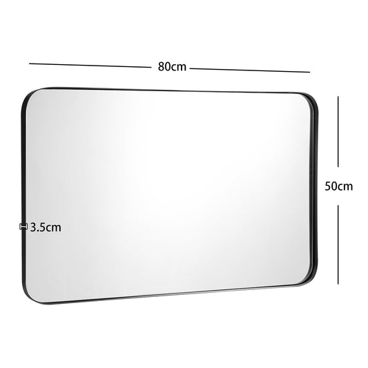 Rectangular Wall Mirror with Rounded Corners, Black Metal Frame, 0.8m x 0.5m
