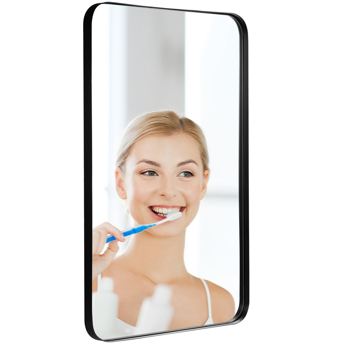 Rectangular Wall Mirror with Rounded Corners, Black Metal Frame, 0.8m x 0.5m