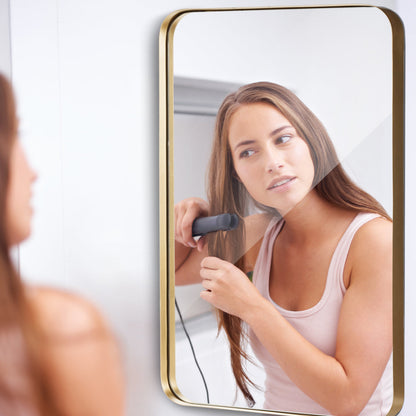Elegant Rectangular Wall Mirror with Rounded Corners, Gold Frame, 80m x 50m