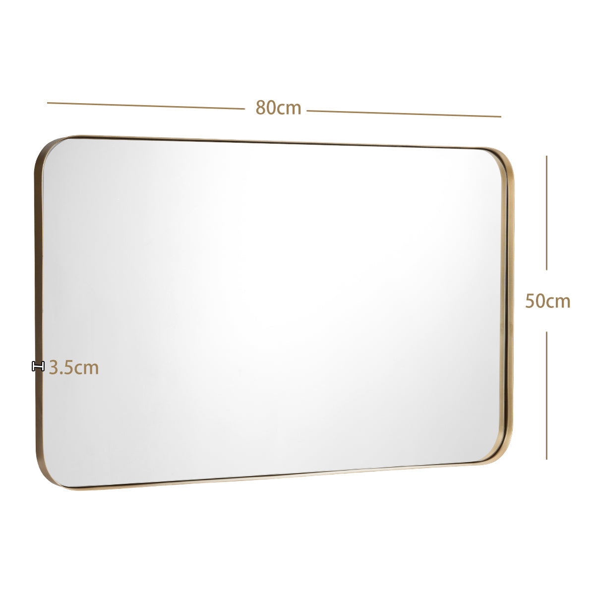 Elegant Rectangular Wall Mirror with Rounded Corners, Gold Frame, 80m x 50m
