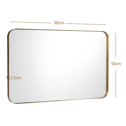 Elegant Rectangular Wall Mirror with Rounded Corners, Gold Frame, 80m x 50m