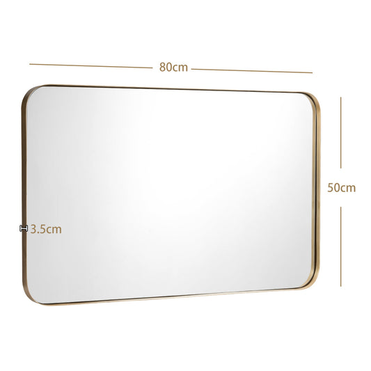 Elegant Rectangular Wall Mirror with Rounded Corners, Gold Frame, 80m x 50m