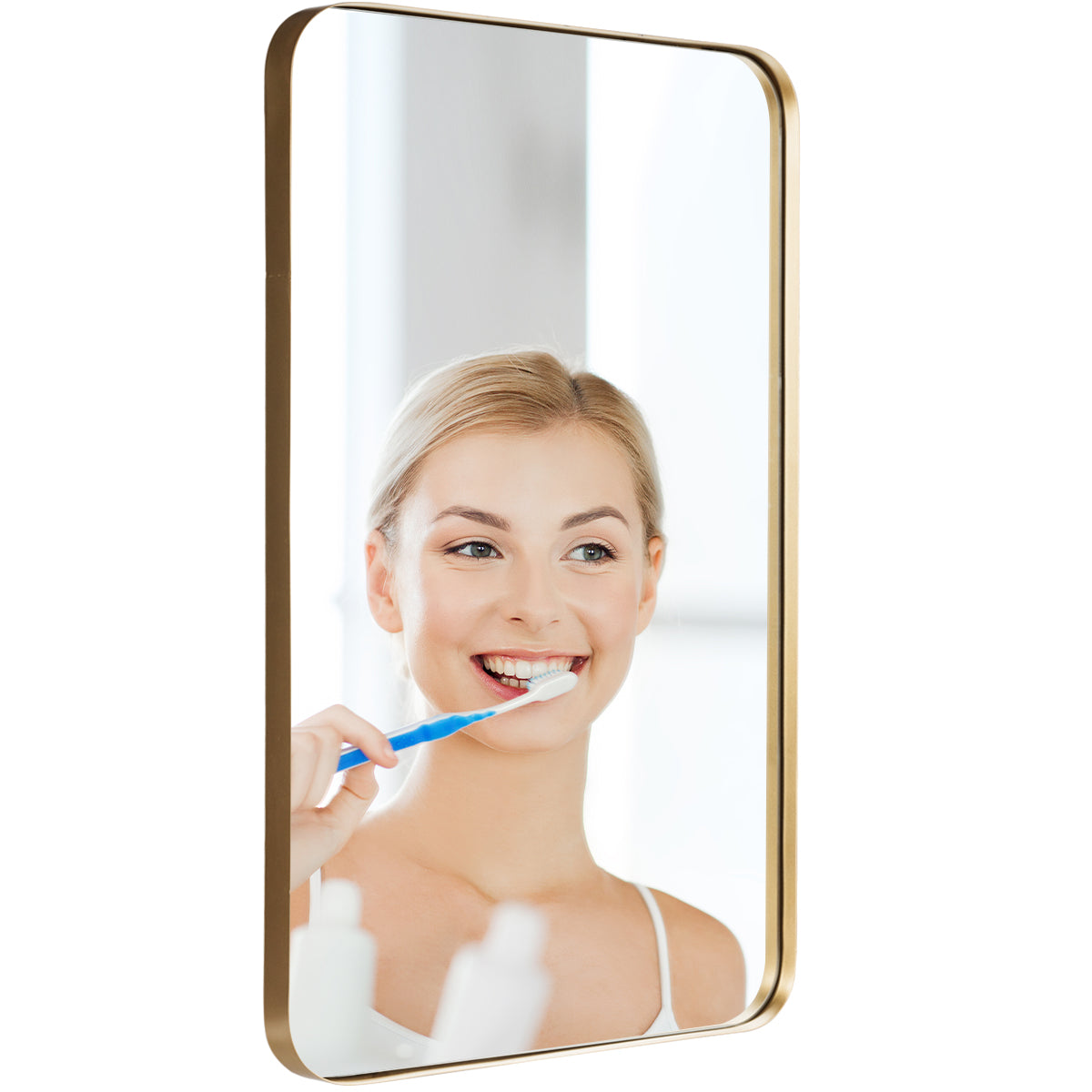 Costway Bathroom Wall Mirror with Rounded Corner for Washroom-Golden