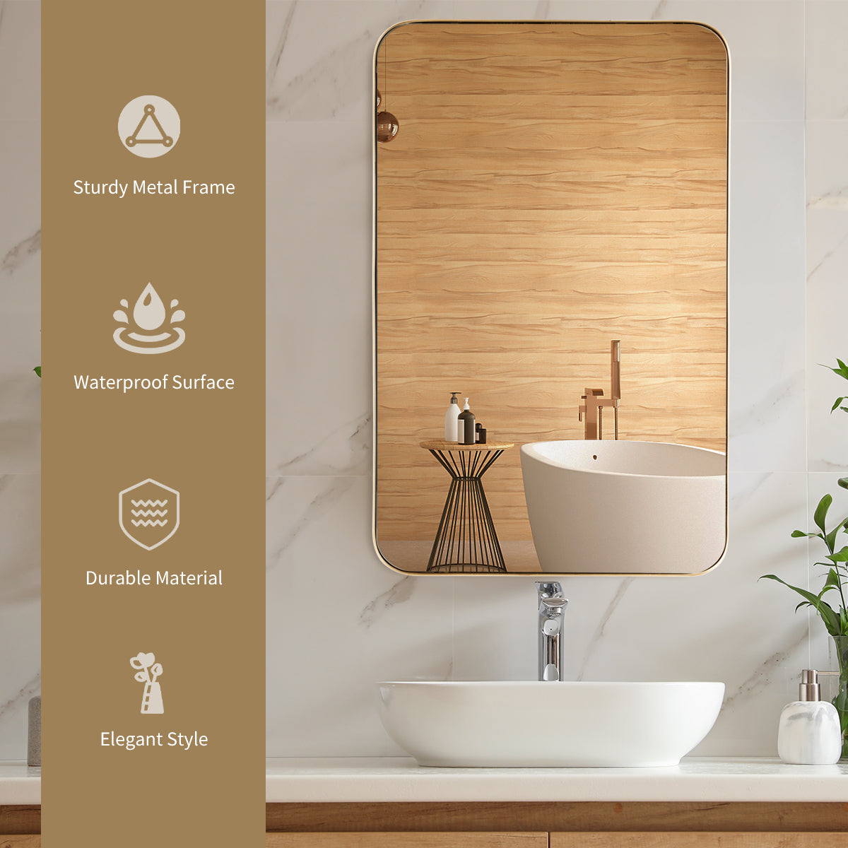 Elegant Rectangular Wall Mirror with Rounded Corners, Gold Frame, 80m x 50m