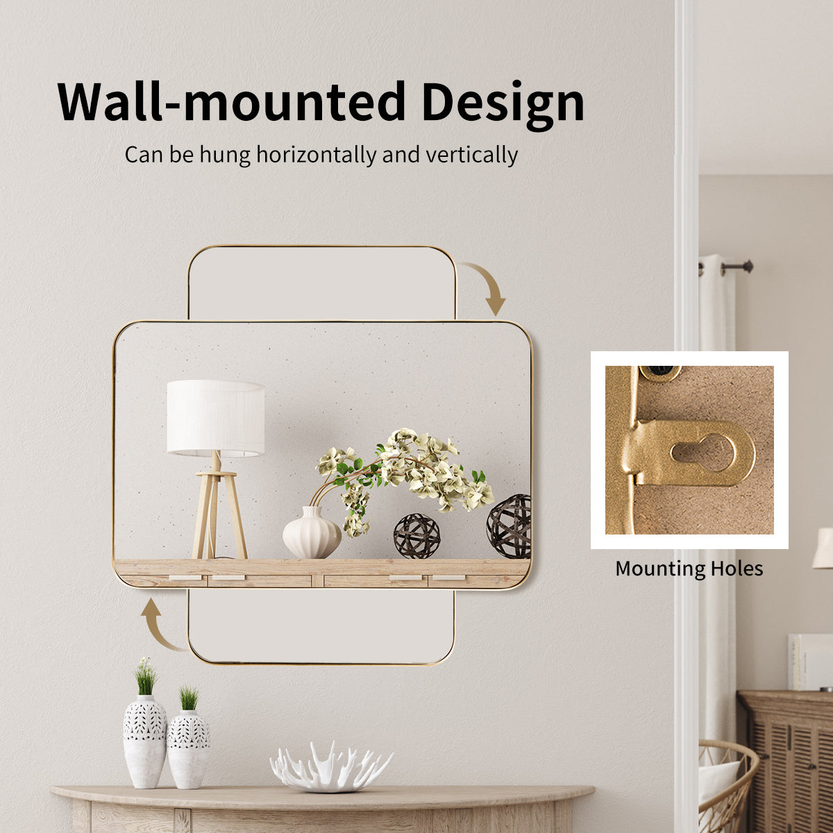 Costway Bathroom Wall Mirror with Rounded Corner for Washroom-Golden