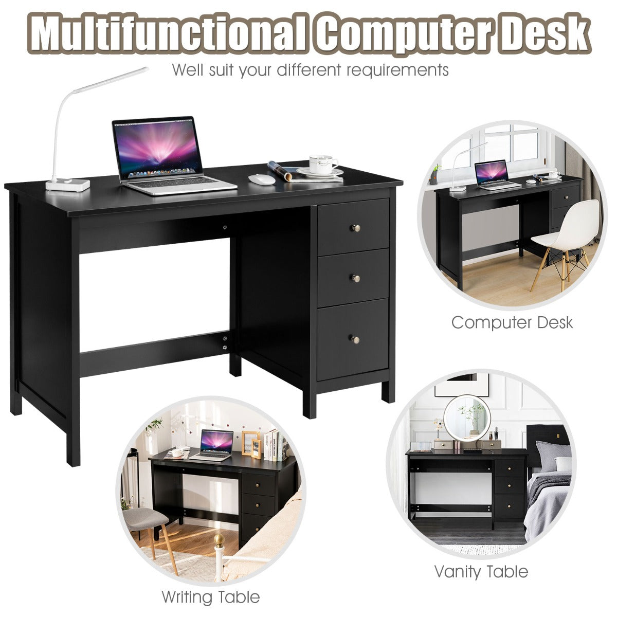 Costway 3-Drawer Computer Desk with Spacious Desktop for Office Black