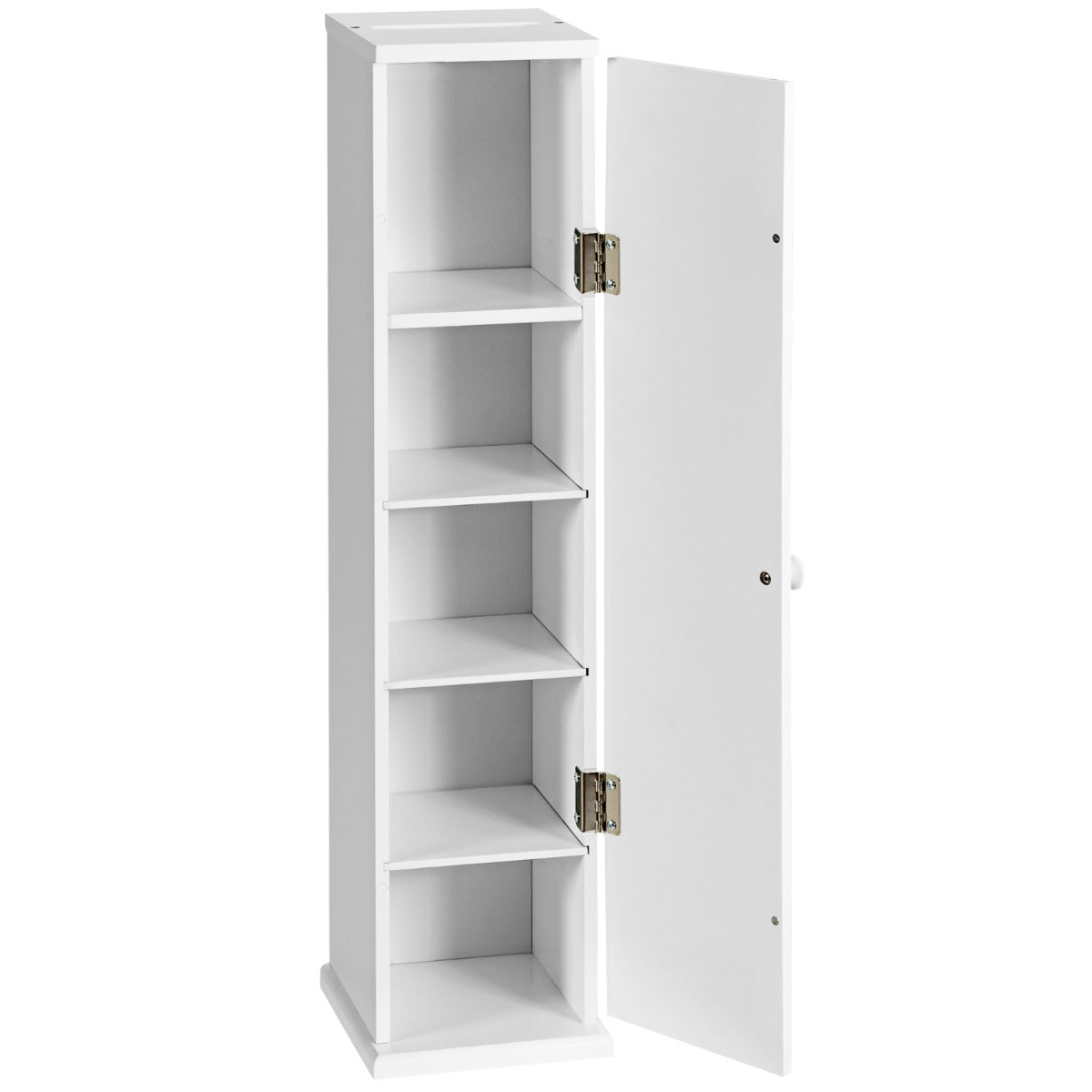 Compact bathroom tissue cabinet provides organized storage for toilet rolls, toiletries and cleaning supplies